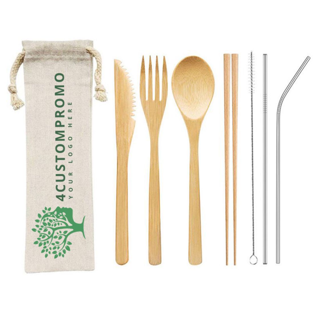 7-Piece Bamboo Utensil Set with Custom Travel Pouch