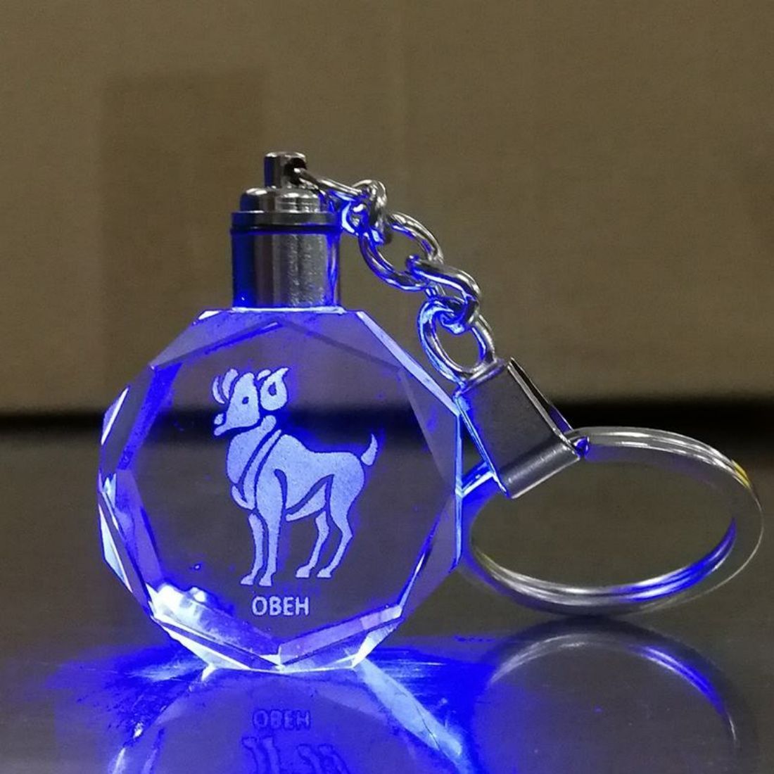 Engraved Octagon Crystal Keychain with LED Light