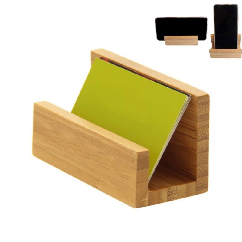 Bamboo Desktop Business Card Holder with Phone Stand