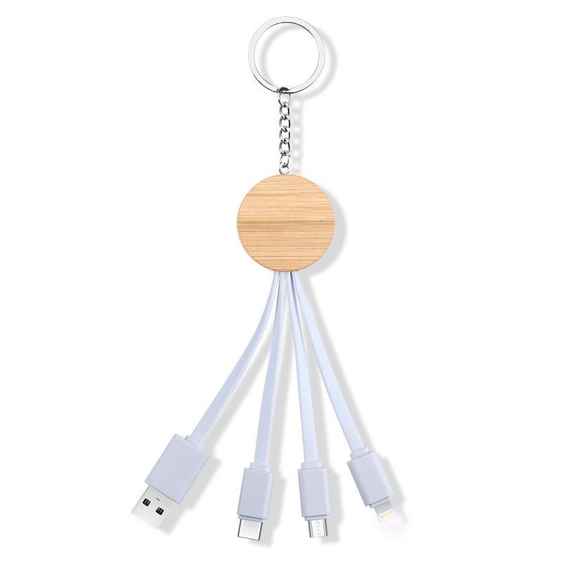 Custom 3-in-1 Bamboo Charging Cable Keychain