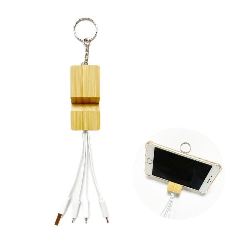 Custom 3-in-1 Charging Cable with Bamboo Phone Stand