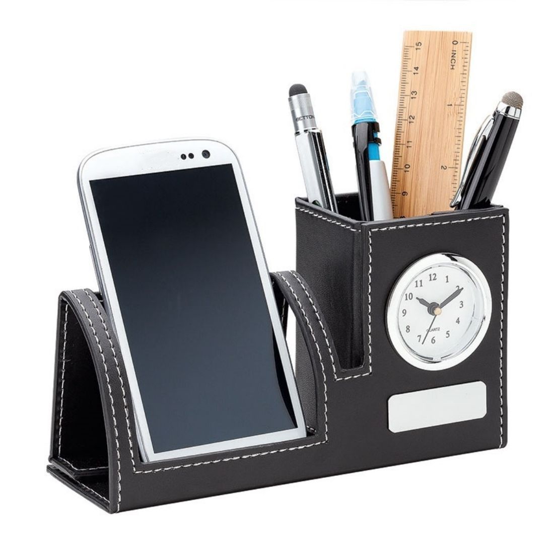 Desk Organizer w/ Clock, Pen Holder & Phone Stand