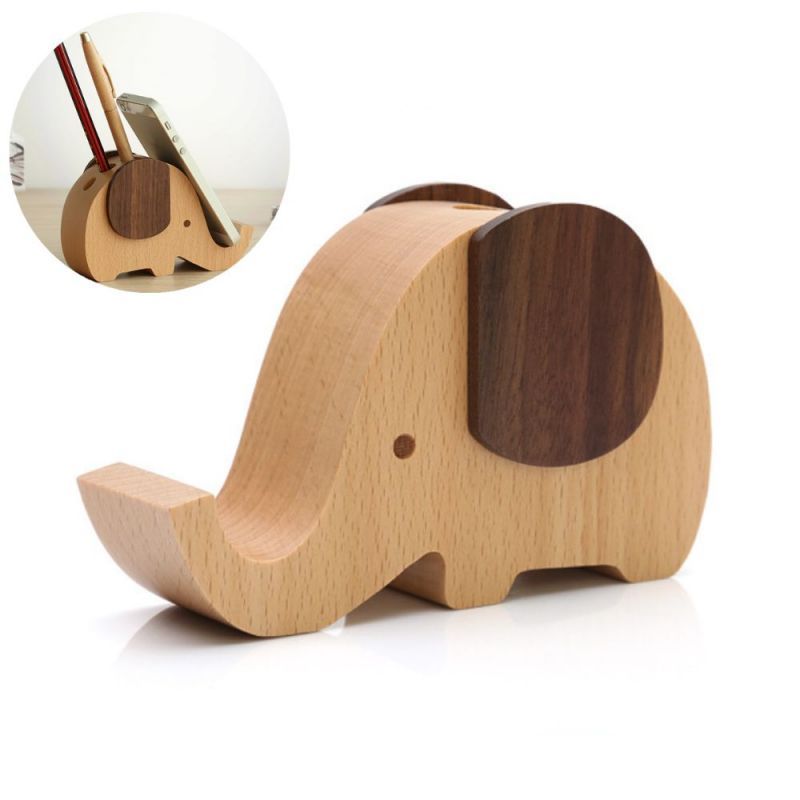 Custom Wood Elephant Pen Holder with Phone Stand