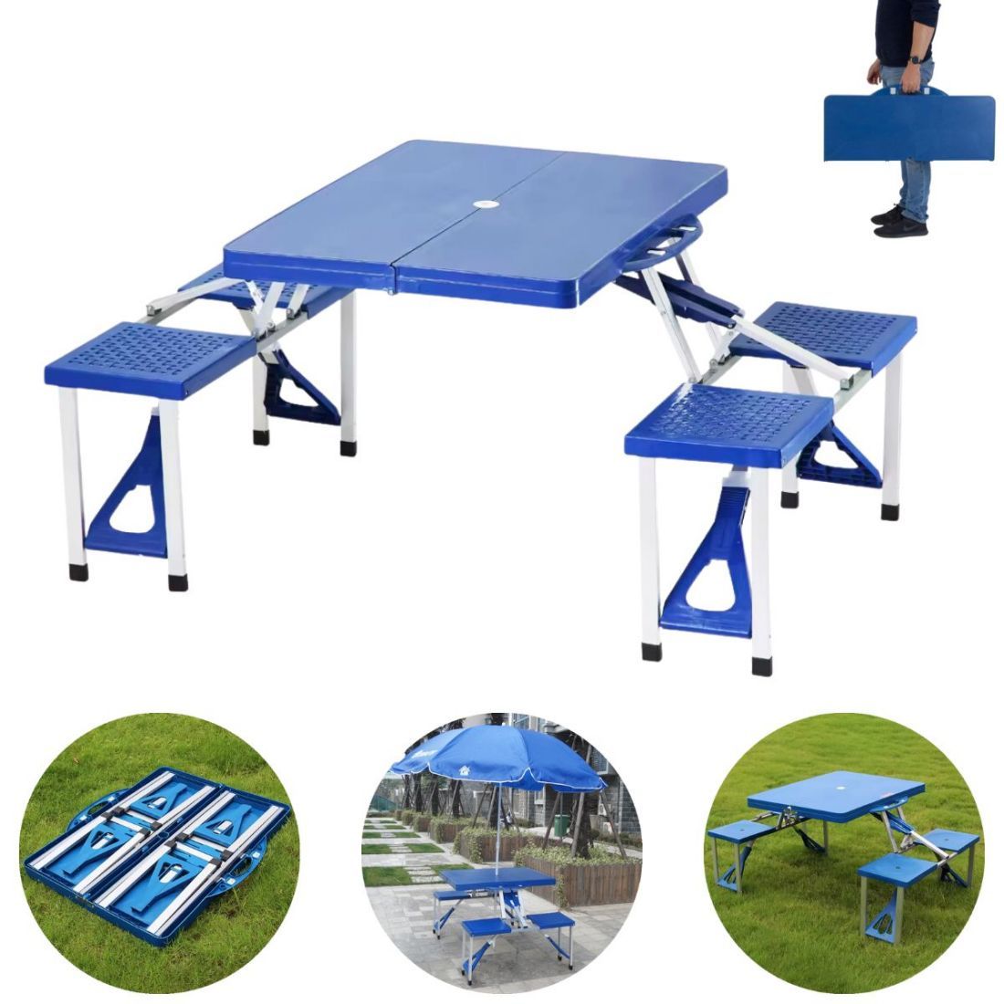 Folding Camp Table with Seats and Umbrella Hole