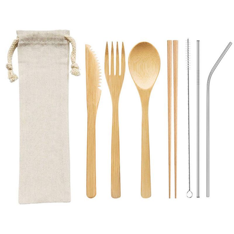 7-Piece Bamboo Utensil Set with Custom Travel Pouch
