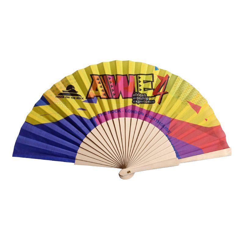 Custom Full Color Bamboo Hand Fan with Fabric Leaf