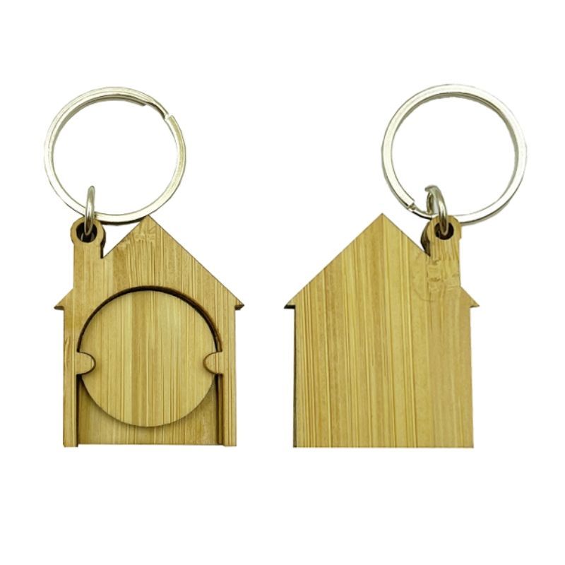Custom House Shaped Bamboo Trolley Coin Keyring