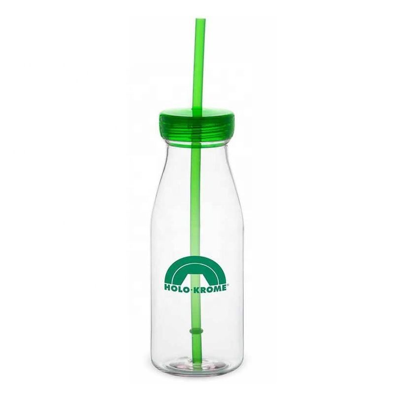 16 oz Milk Bottle Style Plastic Tumbler with Straw