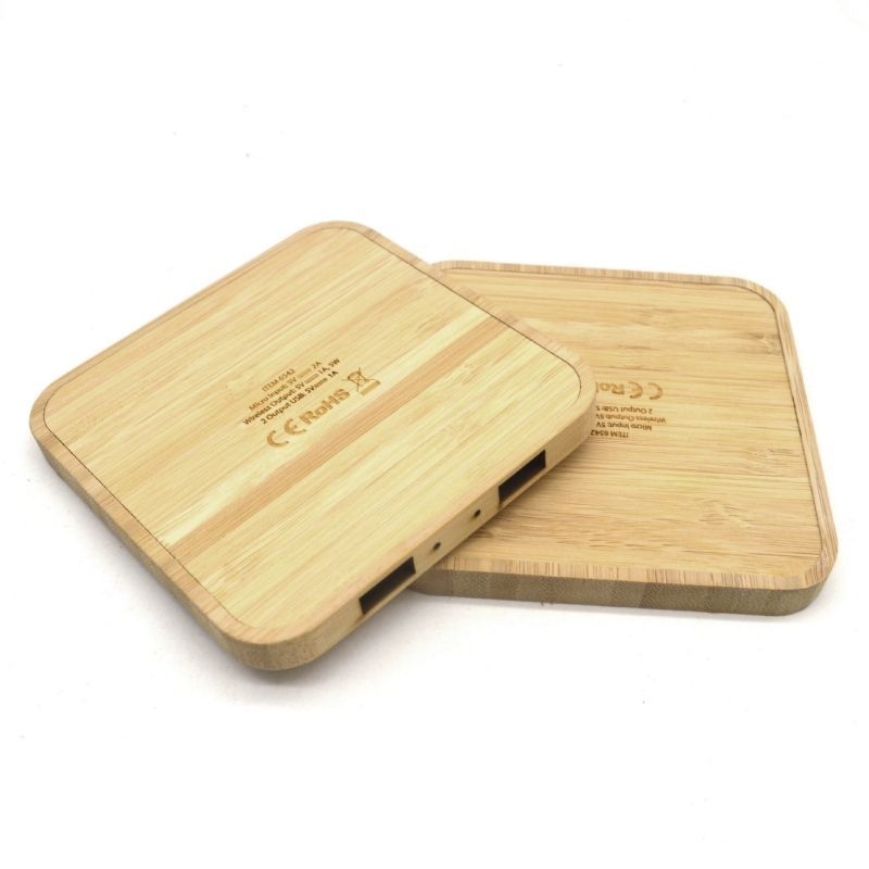 Custom 10W Bamboo Wireless Charging Pad w/ Dual USB