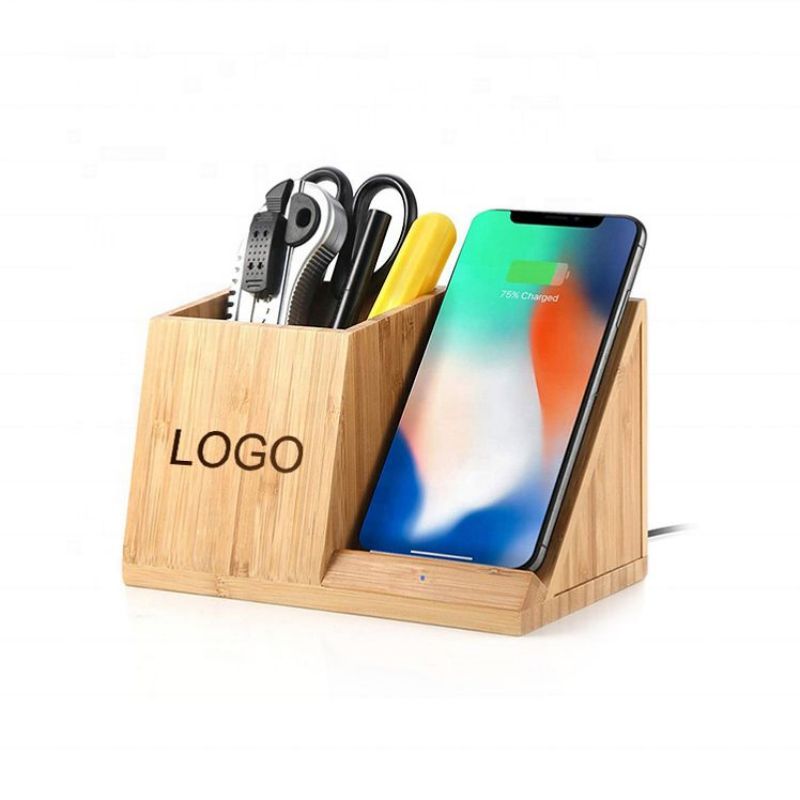 Custom 15W Bamboo Wireless Charger with Pen Holder