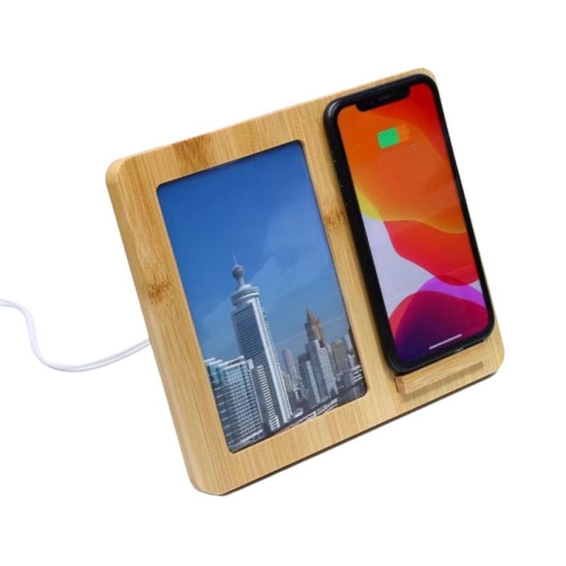 Custom 15W Bamboo Wireless Charger w/ Photo Frame
