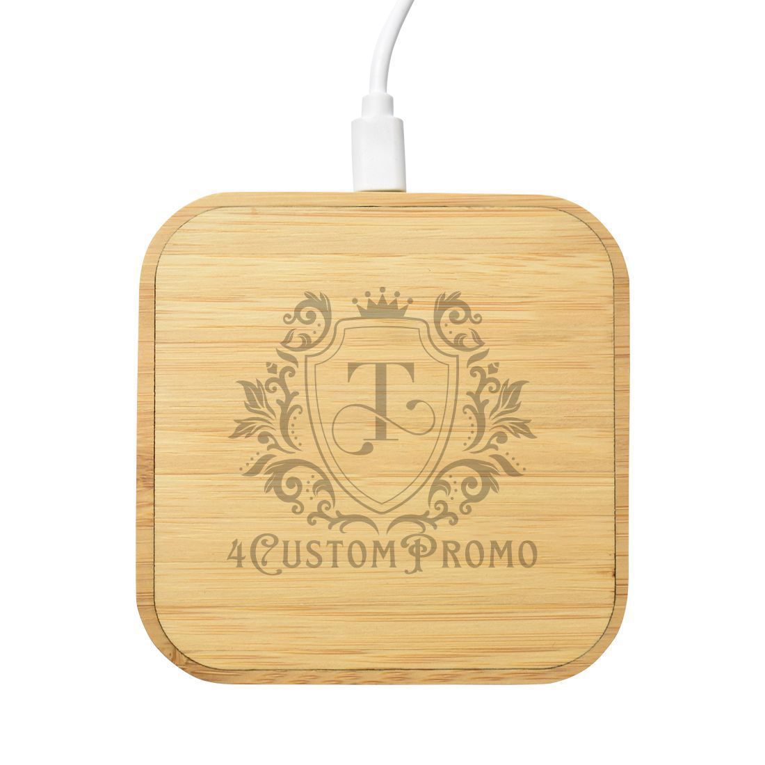 Custom 10W Bamboo Wireless Charging Pad w/ Dual USB