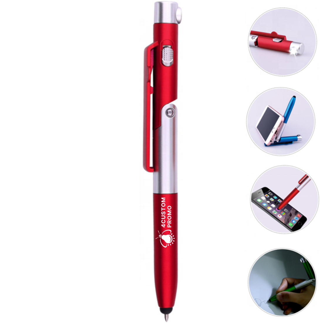 Custom 4-in-1 Stylus Pen with Phone Stand & LED Light