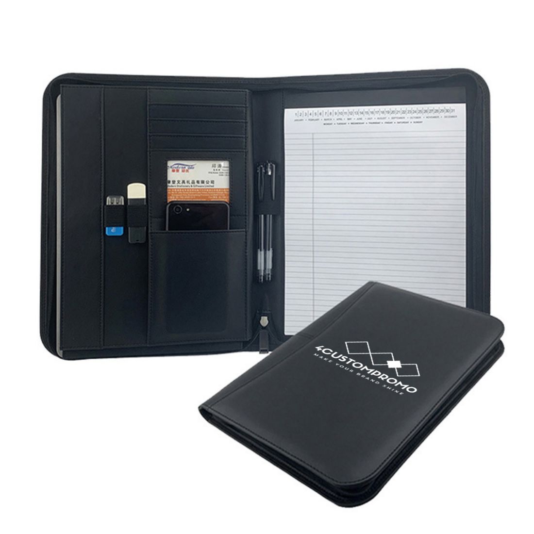 Custom A4 PU Leather Zippered Portfolio Organizer