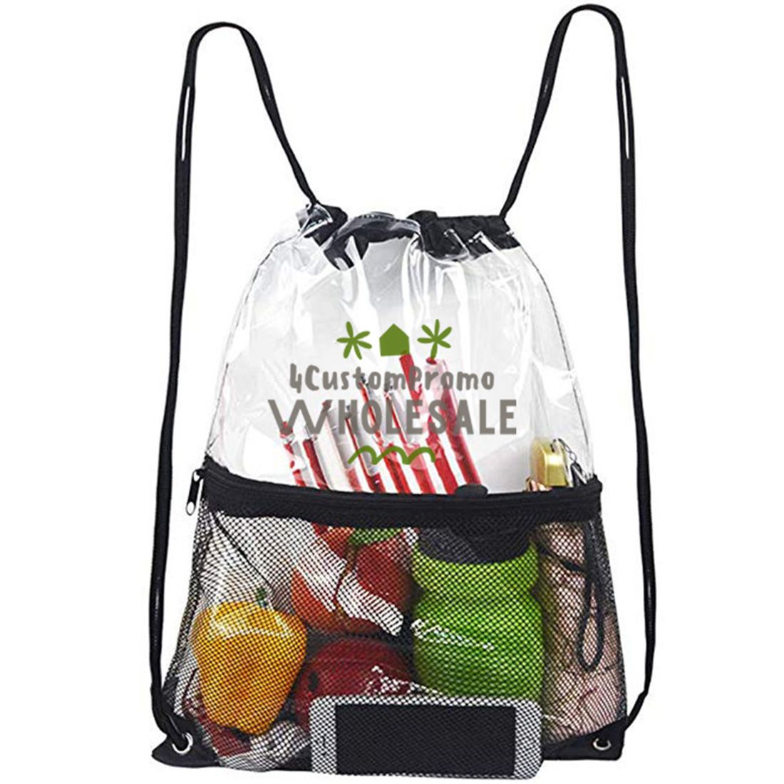 Custom Clear Drawstring Bag with Zipper Mesh Pocket - 13
