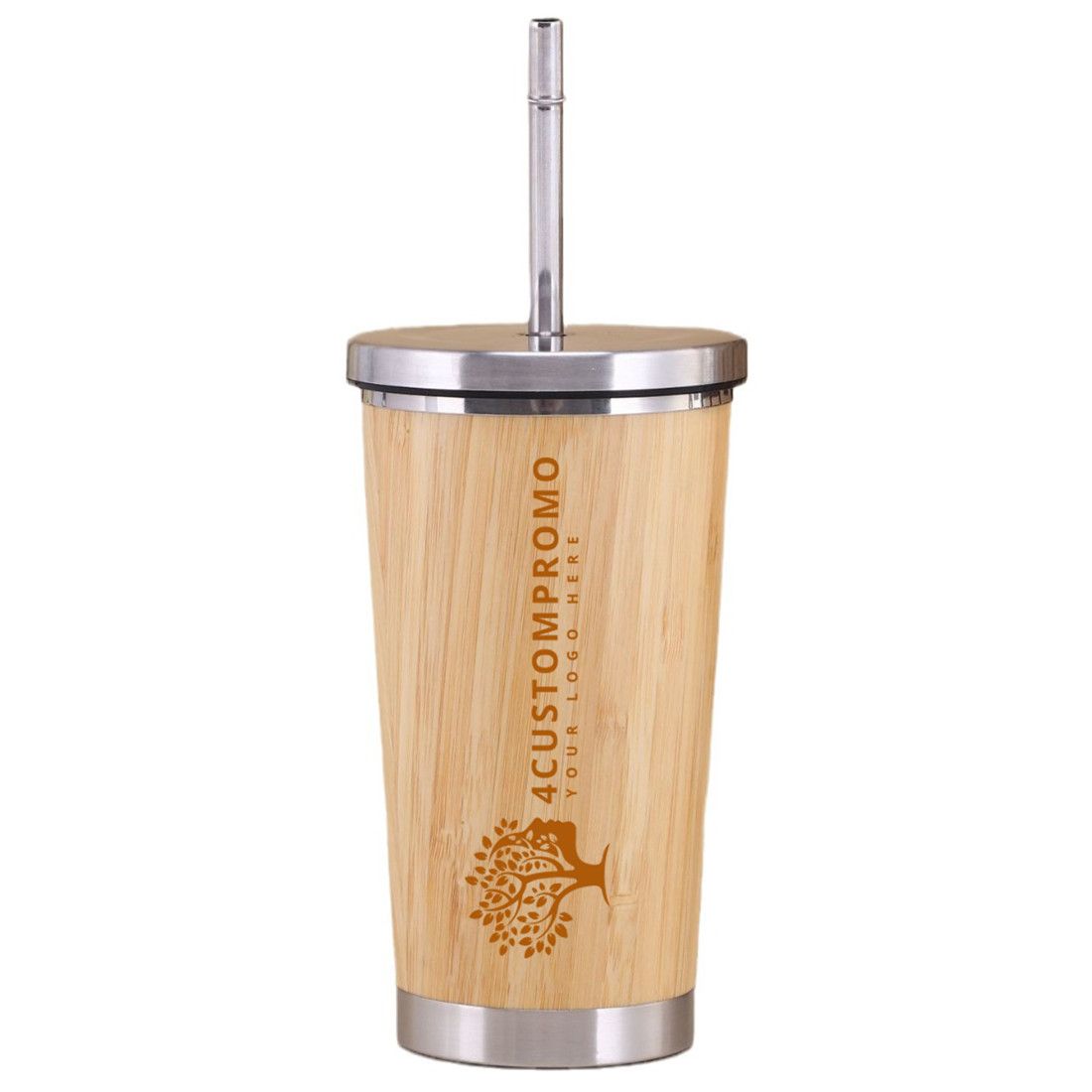 Custom Insulated Stainless Steel Bamboo Tumbler with Straw - 15 oz