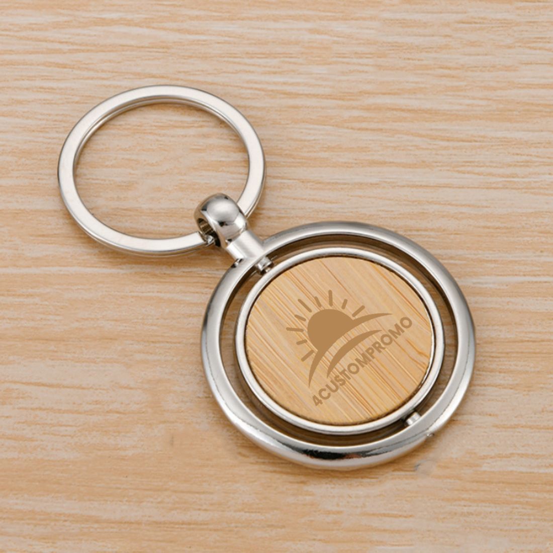 Custom Round Bamboo Spinning Keychain