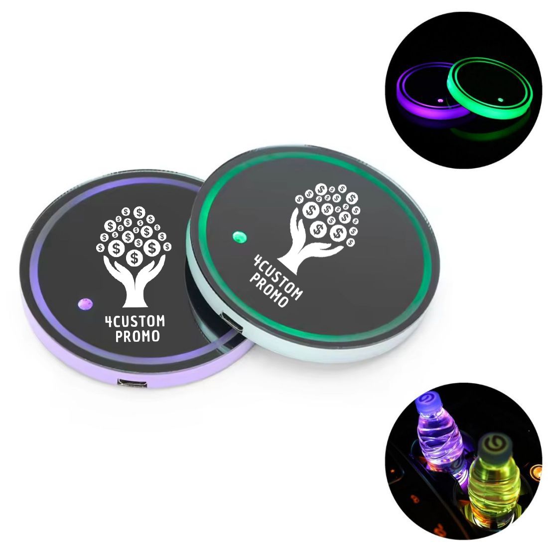 LED Car Cup Coasters with USB Charging – Set of 2